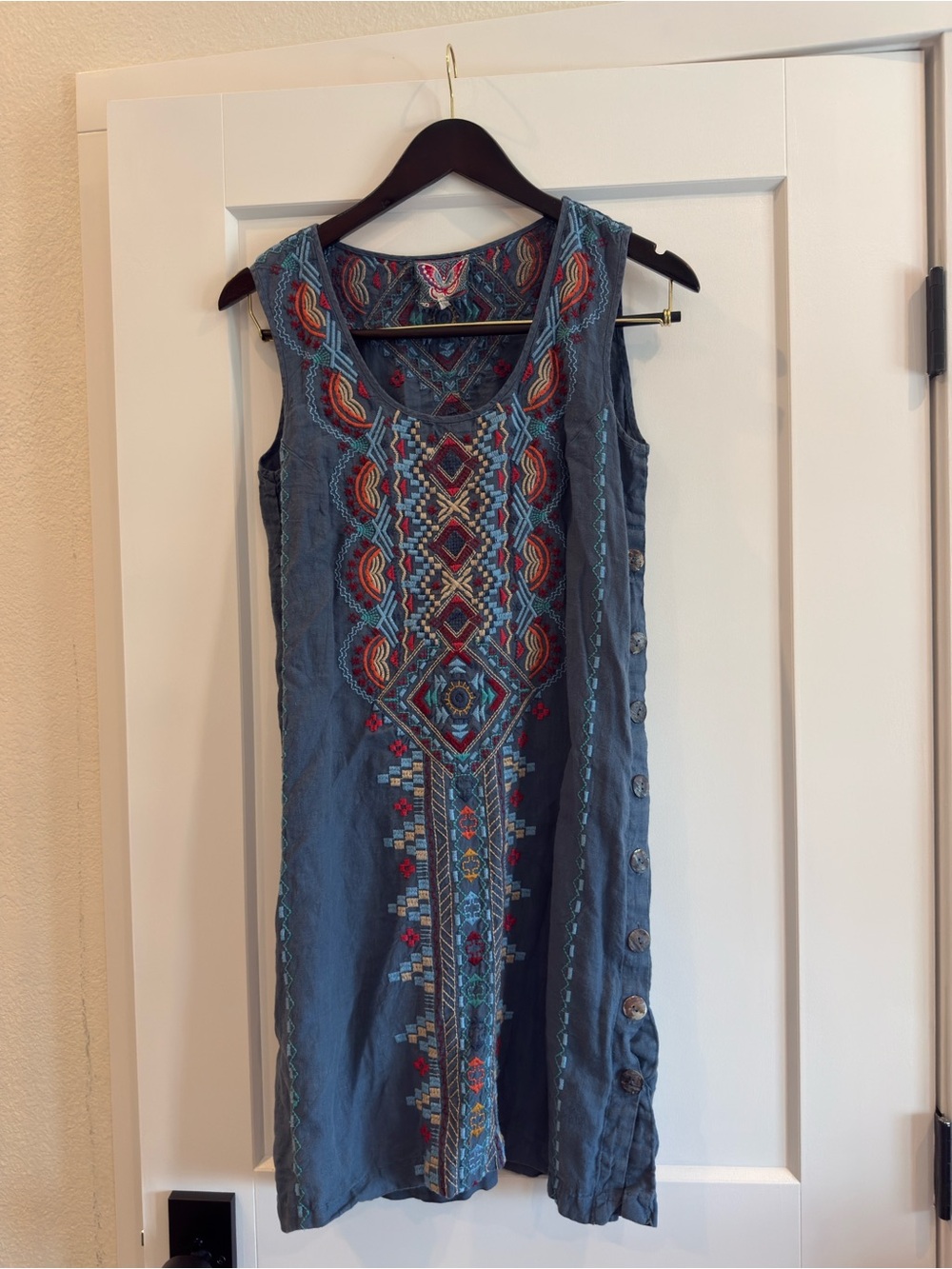 Johnny Was Blue Embroidered Sleeveless Dress with Multi-Color Accents